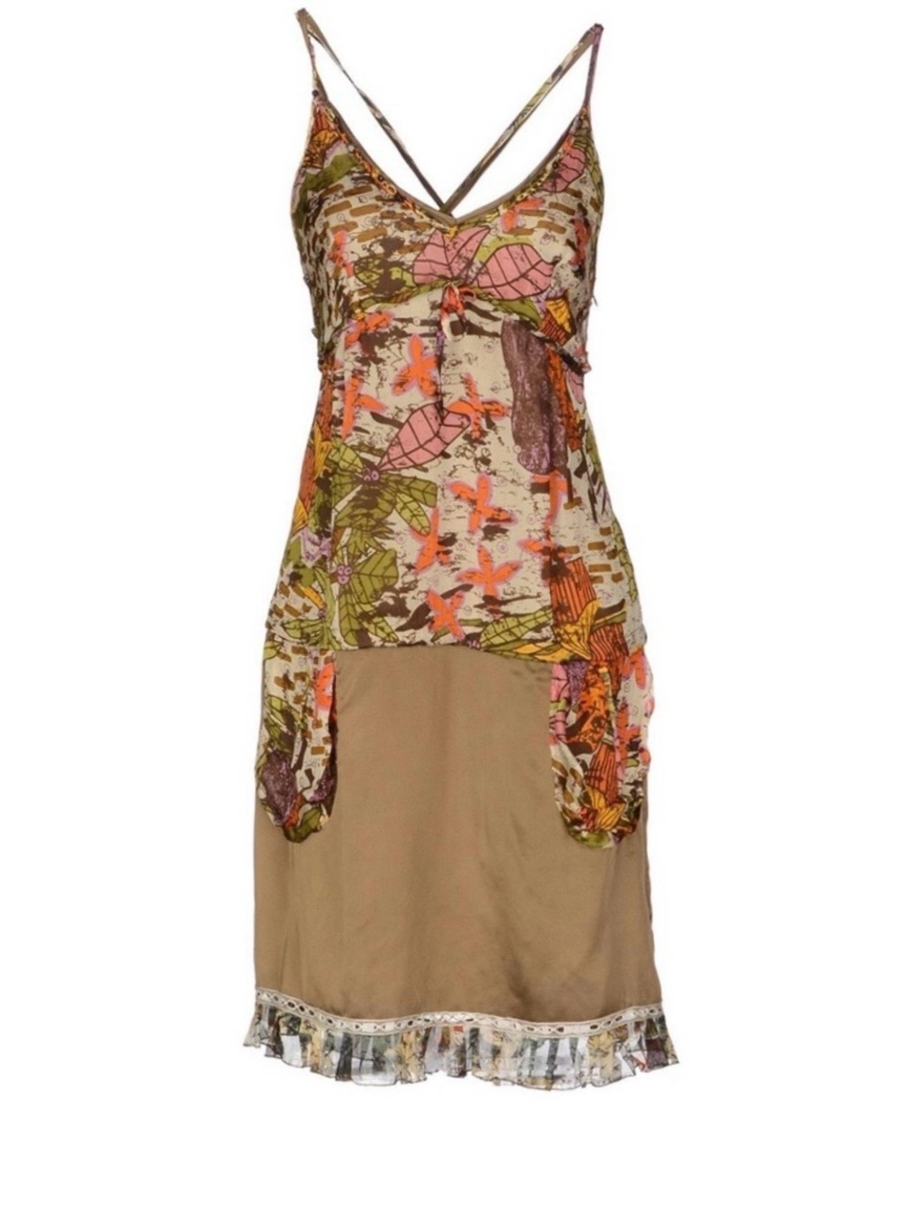 Pianurastudio Midi Dress Military Green Silky Abstract Print Sleeveless - Sz 10